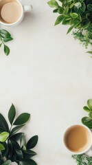 Aufkleber - Coffee cups surrounded by green plants creating a peaceful workspace atmosphere in the morning sunlight. Generative AI