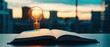 © CreativeLoom - Open book with a light bulb glowing above it against an urban sunset backdrop. influencer marketing content creation concept