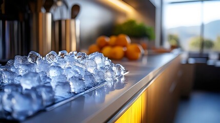 Wall Mural - A countertop with a tray of ice cubes and oranges