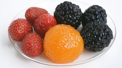 Wall Mural - Fresh strawberries, blackberries, and orange fruit on a plate.  Food photography for recipe blogs