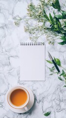 Leinwandbilder - Morning routine with a cup of tea, a notepad, and fresh greenery on a marble table. Generative AI