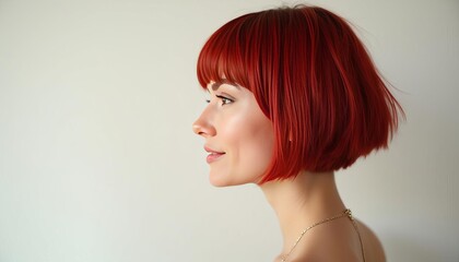 a woman with a trendy short red bob haircut, perfectly styled with her chic, shiny hair. minimalist 