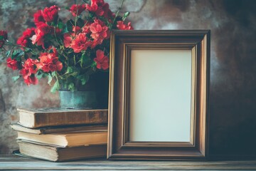 Aufkleber - Decorative vintage frame with empty space beside stacked books and a vibrant flower arrangement on a rustic table. Generative AI