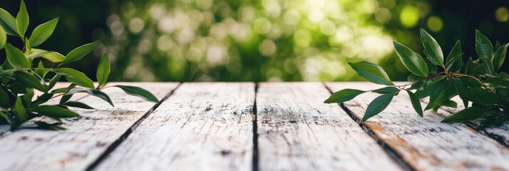Aufkleber - Natural wooden table adorned with green leaves set against a lush, vibrant background. Generative AI