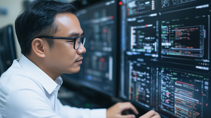Wall Mural - focused on code: a software engineer intently scrutinizes lines of code on multiple monitors, his co