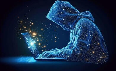 In a dark tech setting, an abstract polygonal hacker is depicted with a laptop.
