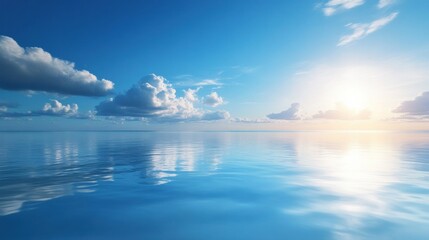 Leinwandbilder - Vast ocean expanse reflecting a bright sky at sunrise with scattered clouds in the distance. Generative AI