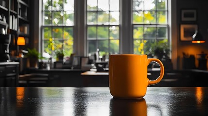 Wall Mural - A yellow coffee cup sits on a counter in front of a window