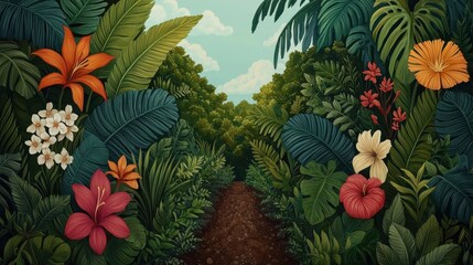 Wall Mural - Lush Tropical Foliage with Vibrant Flowers in a Serene Pathway