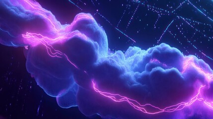 Wall Mural - Abstract Digital Clouds with Electric Pink Lightning and Pixelated Sky