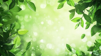Aufkleber - Vibrant green leaves frame a bright, softly illuminated background filled with gentle bokeh effects. Generative AI