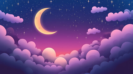Canvas Print - night sky painting featuring clouds and stars dreamy purple space wallpaper with a cute abstract cel