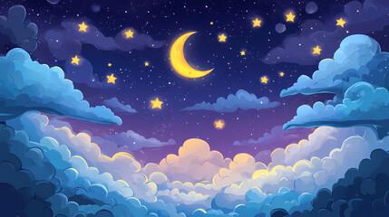 Canvas Print - night sky painting featuring clouds and stars dreamy purple space wallpaper with a cute abstract cel