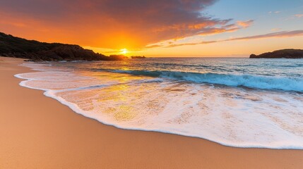 Wall Mural - Serene Sunset Over Calm Ocean Waves on Tranquil Sandy Beach