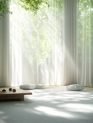 Poster - Bright, serene indoor space with soft light filtering through sheer curtains and a minimalist layout.
