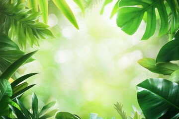 Poster - Lush green foliage frames a tranquil natural backdrop in a vibrant tropical setting with soft light filtering through leaves. Generative AI