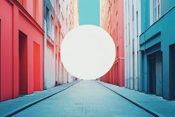 Poster - Colorful city street with large circular shape in the center during daylight. Generative AI