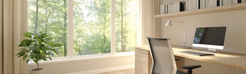 Aufkleber - Bright and airy workspace featuring a desk, computer, and large window with a view of greenery.
