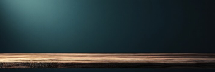 Poster - Wooden tabletop against a dark background providing a rustic yet modern ambiance for display or presentation. Generative AI