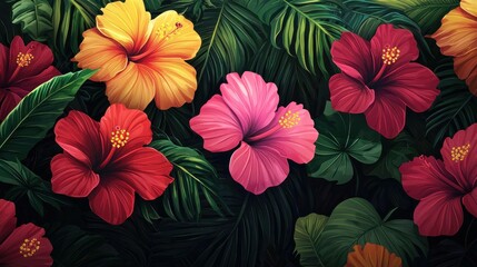 Canvas Print - Vibrant tropical hibiscus flowers in a lush green background, showcasing pink, red, and yellow colors, perfect for summer themed designs