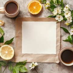 Aufkleber - Inviting coffee and citrus arrangement on a textured surface with fresh flowers and blank paper for creative use. Generative AI