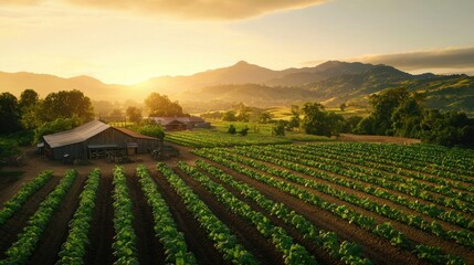 Poster - Serene Tobacco Field Landscape at Sunrise with Majestic Mountains