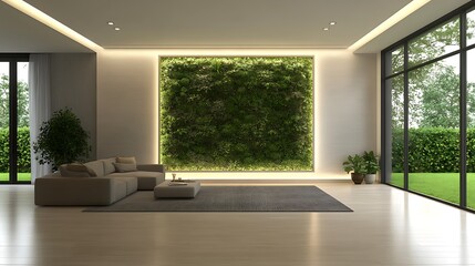 Poster - Modern interior featuring a green wall, large windows, and minimalist furniture for a bright, airy feel.