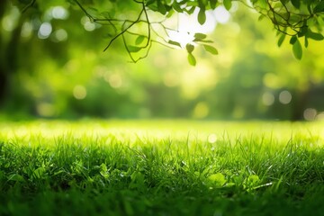 Aufkleber - Lush green grass under natural sunlight in a peaceful park setting with vibrant foliage during the warm afternoon. Generative AI