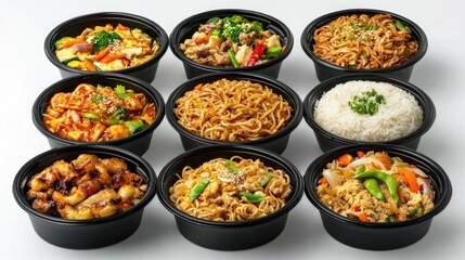 Wall Mural - A row of plastic containers with various Asian dishes, including noodles, rice, and vegetables. The presentation is colorful and appetizing