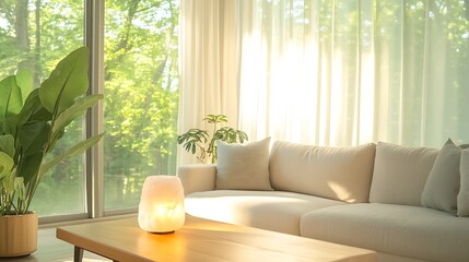 Poster - Bright and airy living room with soft furnishings and greenery, illuminated by natural light.