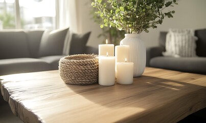 Poster - Cozy living room scene with candles, a plant, and a woven basket on a wooden table.