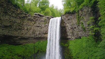 Wall Mural - Majestic Waterfall Cascading Over Rocky Cliff Surrounded by Greenery