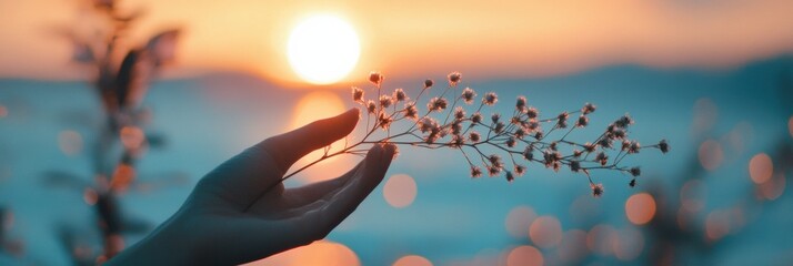 Poster - Sunset silhouette of a hand holding delicate flowers near a tranquil lake during golden hour. Generative AI