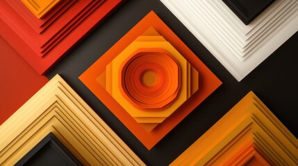 Poster - Abstract layered geometric shapes in vibrant warm tones against a dark background