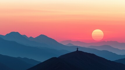 Wall Mural - Majestic Sunset Over Mountain Range with Silhouette of a Person