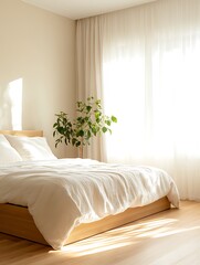 Leinwandbilder - Bright and airy bedroom with a wooden bed, white bedding, and a potted plant by the window.