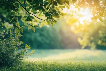 Poster - Lush greenery and soft sunlight create a tranquil atmosphere in a serene park during a summer evening. Generative AI