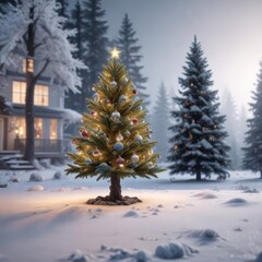 Wall Mural - Christmas tree with ornaments and lights in a frosty winter scene,  holiday,  christmas,  winter wonderland