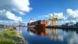 © Teresaart - Colorful cargo ship docked at port with loading containers and cranes against a clear blue sky and reflective water