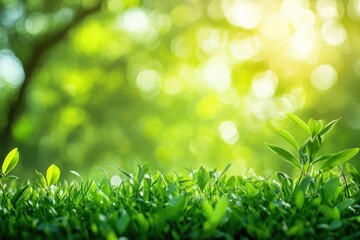 Poster - Green leaves and grass illuminated by soft sunlight in a natural setting during a peaceful afternoon. Generative AI