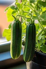 Wall Mural - Fresh and Vibrant Cucumbers Growing on a Plant in Natural Lighting : Generative AI