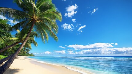 Wall Mural - Tropical Beach Paradise Scene with Palm Trees and Clear Blue Waters under Bright Sky : Generative AI