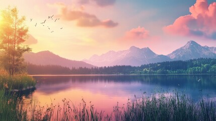Aufkleber - Serene sunset over a tranquil lake surrounded by majestic mountains and lush greenery in a peaceful natural setting. Generative AI