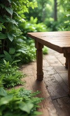 Wall Mural - Close-up of wooden table legs surrounded by blurred green foliage,  green,  nature,  textured