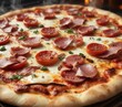 © Kachaphot - Close-up shot of steaming hot pizza with melted mozzarella, topped with pepperoni, bacon, tomatoes, and ham, surrounded by aromatic steam,  ham, pepperoni,  tomatoes