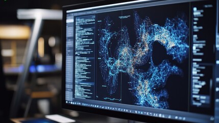 Poster - Complex Data Visualization on Screen Showcasing Algorithm and Coding Processes