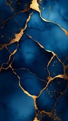 Poster - Elegant Blue and Gold Abstract Design Featuring Watercolor Textures and Golden Veins : Generative AI
