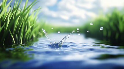 Poster - Peaceful water splash at a serene lake surrounded by lush green grass under a bright sky : Generative AI