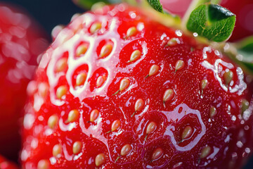 Wall Mural - Extreme close-up of a ripe strawberry with glistening surface and intricate seed patterns.