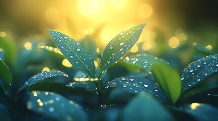 Poster - Glittering Water Drops on Leafy Green Foliage at Sunset Creating a Beautiful Nature Scene : Generative AI